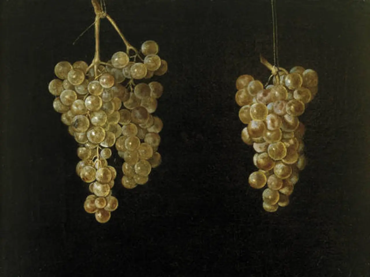 In this image, we can see an artificial grapes which are hanging and the background is dark.
