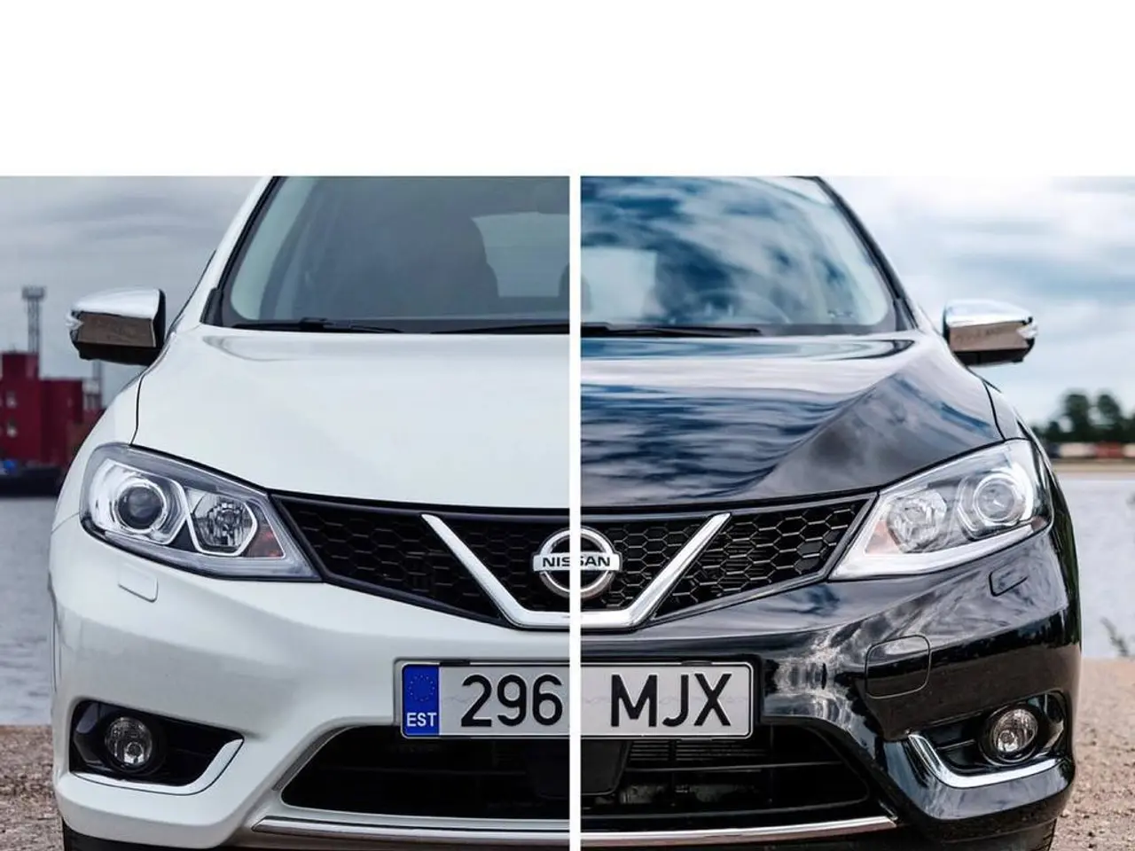 This is a collage image of two vehicles. Behind the vehicles there are trees and some blurred...