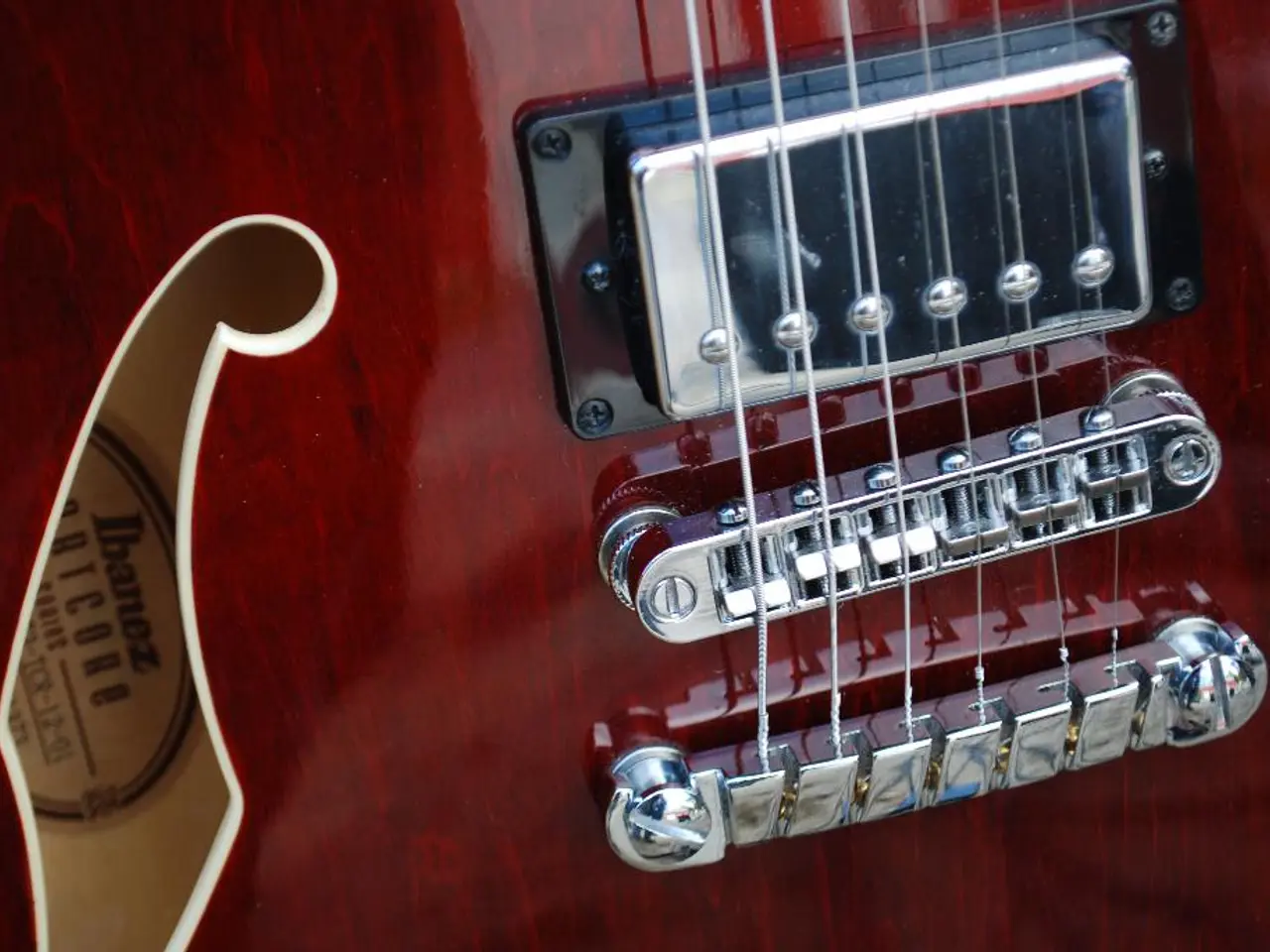 In this image there are strings, metal objects and wooden object. Something is written on the...