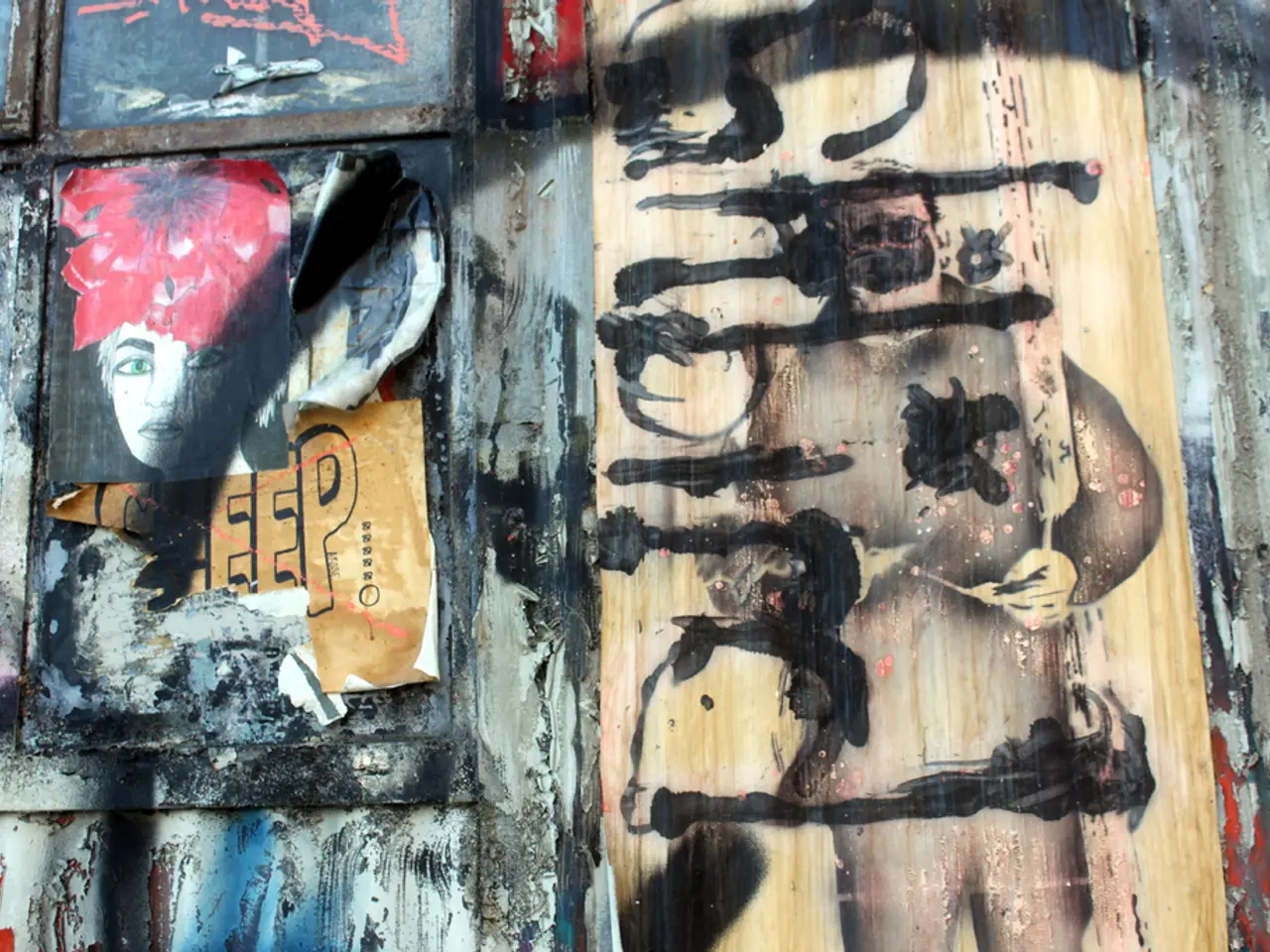 In this image, we can see posts on the window. Here we can see some text on the wall.