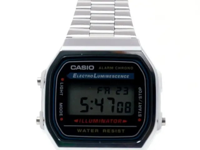 In this image I can see a watch. On the glass there is some text and numbers. The background is in...