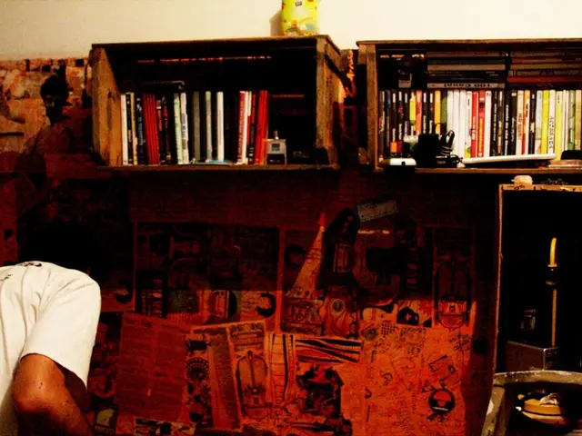 In this image we can see a person, advertisements pasted on the wall, remotes and books arranged in...