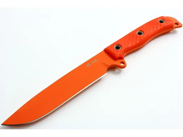 This picture contains a knife. It is in orange color. Both the handle and the blade of the knife is...