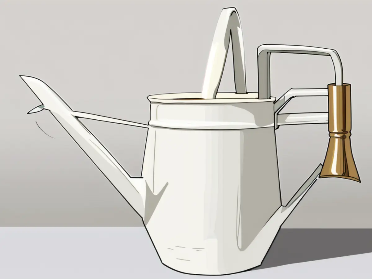 A watering can made of white metal, boasting a wooden handle, showcased against a simple backdrop, categorized under shopping items.
