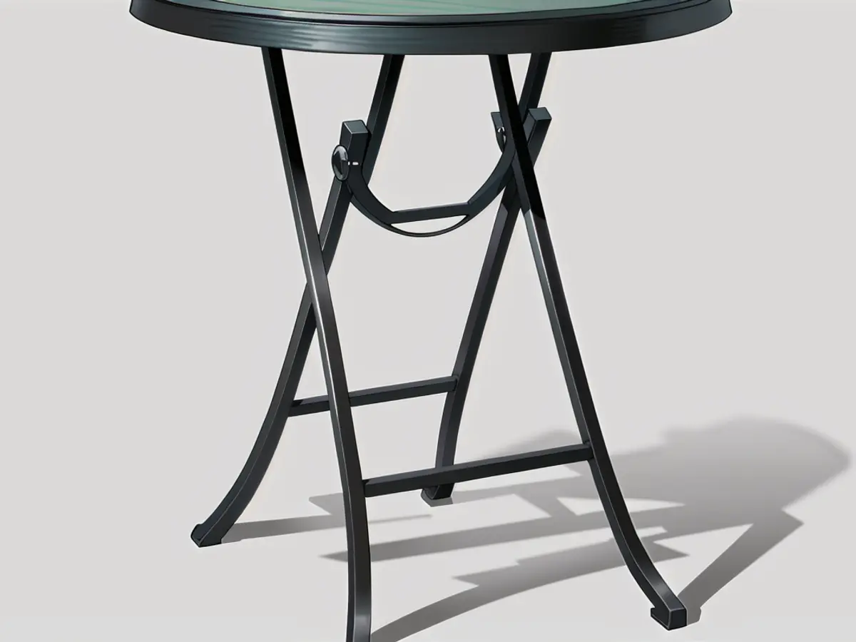 Curved glass surface table for patios, featuring a black metallic frame and intersecting leg design.