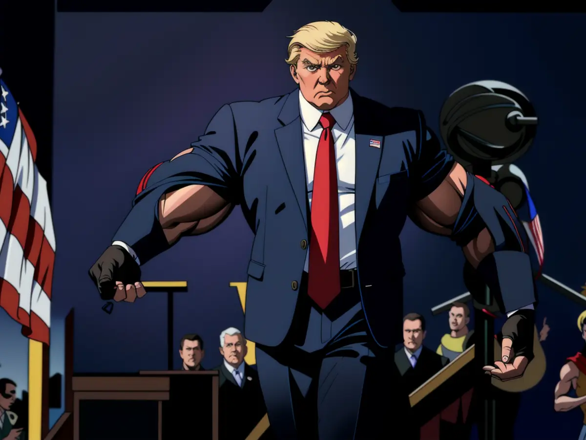 Trump struts onto the stage at the New Holland Arena in Harrisburg, Pennsylvania, during his...